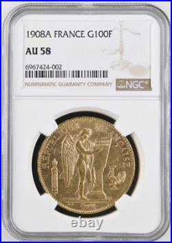 France 1908 A 100 Francs Gold Coin NGC AU58 AU+ Angel KM #858 0.9334 Oz AGW