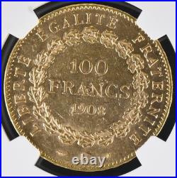 France 1908 A 100 Francs Gold Coin NGC AU58 AU+ Angel KM #858 0.9334 Oz AGW