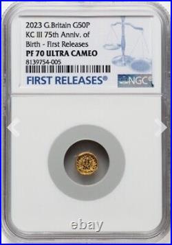 GOLD 1/40 Oz NGC PF70 2023 KING CHARLES III 75th BIRTHDAY, G BRITAIN 0.999 COIN