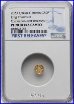 GOLD 1/40 Oz NGC PF70 2023 KING CHARLES III CORONATION G BRITAIN Fine 0.999 COIN