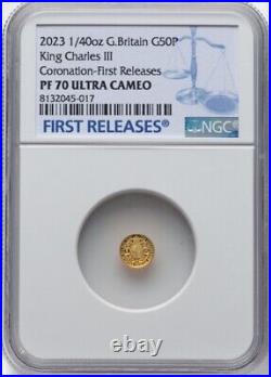 GOLD 1/40 Oz NGC PF70 2023 KING CHARLES III CORONATION G BRITAIN Fine 0.999 COIN