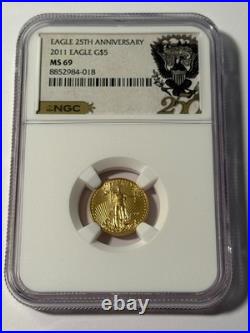 GOLD 2011 $5 Gold Eagle NGC MS69? 25th Anniversary 1/10 oz American Gold Eagle