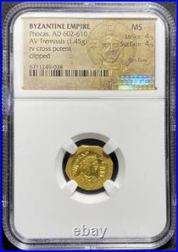 GOLD Phocas 602-610 AD, Roman Byzantine Empire 4/5 AV Tremissis Rare Coin NGC MS
