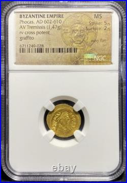 GOLD Phocas 602-610 AD, Roman Byzantine Empire 5/5 AV Tremissis Rare Coin NGC MS