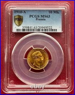 Germany Prussia, Gold 10 Marks 1910 A Pcgs Ms 63, Rare13