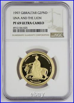 Gibraltar 1997 2 Pound/Sovereign Gold Proof Coin Una & The Lion NGC PF69 UC