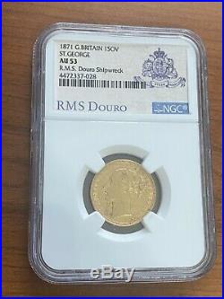 Gold Sovereign 1871 Victoria/St. George NGC AU 53 RMS Douro Shipwreck Coin Rare