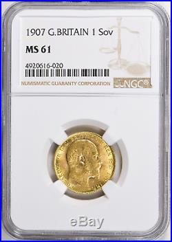 Great Britain 1907 Gold Sovereign Ngc Ms61 (agw = 0.2354 Oz) $578.88