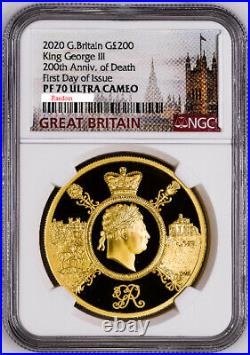 Great Britain UK 2020 £200 King George III Royalty 2 oz Gold Coin NGC PF70 F. Day