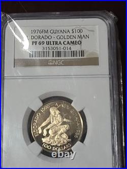 Guyana FM Gold 100 Dollar 1976 Coin El Dorado Golden Man PF69 Ultra Cameo