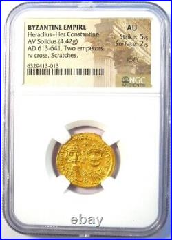 Heraclius with Heraclius Constantine AV Solidus Gold Coin 613-641 AD NGC AU