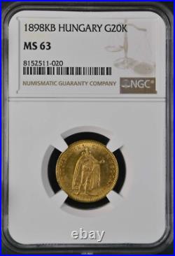 Hungary, Gold 20 Korona 1898 Kb Ngc Ms 63, Rare1