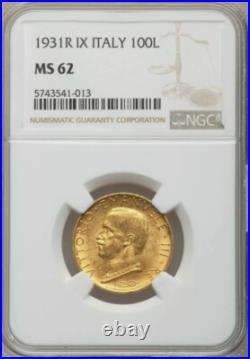 Italy, Gold 100 Lire Vittorio Emanvele III 1931 R IX Ngc Ms 62, Rare