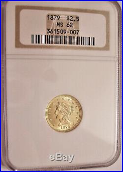 Lustrous, NGC-Certified, MS62, 1879 Liberty $2.50 Quarter Eagle Gold Coin