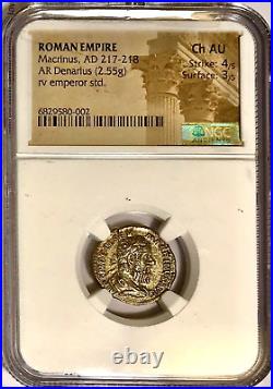 Macrinus 217-218AD AR Denarius Ancient Roman Silver Coin 2.55gm NGC Choice AU