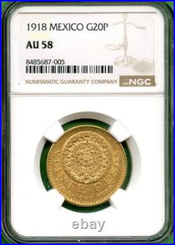 Mexico 1918 20 Peso Gold 0.4823 Oz Au Ngc Au 58