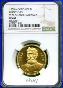 Mexico 1959 Medal Ngc Ms 66 16.64 Gram 0.900 0.4815 Oz Gold