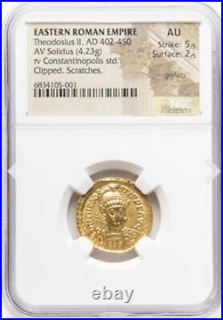 NGC AU GOLD Theodosius II 402-450 AD Eastern Roman Empire, AV Solidus 5/5 Coin