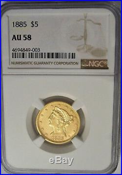 NGC-Certified, AU58, 1885 Gold $5.00 Liberty Half Eagle Coin