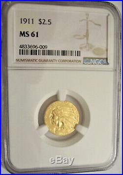 NGC-Certified, MS61, 1911 Indian Gold $2.5 Quarter Eagle Coin