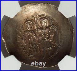 NGC Ch AU Byzantine Isaac II GOLD EL Aspron Trachy Coin 1185-1195 AD Jesus Angel