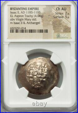 NGC Ch AU Byzantine Isaac II GOLD EL Aspron Trachy Coin 1185-1195 AD Jesus Angel