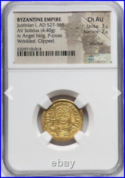 NGC Ch AU GOLD Justinian I 527-565 AD, Byzantine Empire, AV Solidus Angel Coin