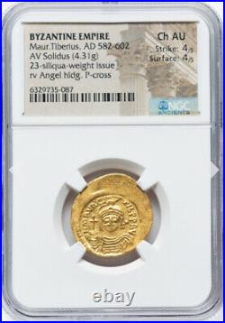 NGC Ch AU GOLD Maurice Tiberius 582-602 AD, Byzantine Empire, AV Solidus Coin