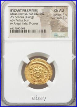NGC Ch AU GOLD Maurice Tiberius 582-602 AD, Byzantine Empire, Angel Solidus Coin