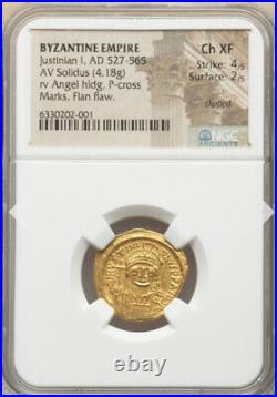 NGC Ch XF Byzantine Justinian I 1 527-565 AD GOLD AV Solidus Angel Bible Coin