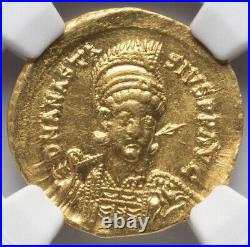 NGC Ch XF GOLD Anastasius I 491-518 AD, Byzantine Empire, AV Solidus Angel Coin