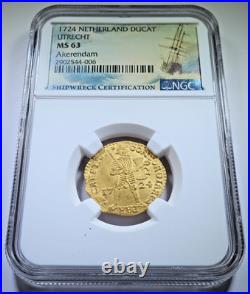 NGC MS-63 Akerendam Shipwreck Gold 1724 Netherland Ducat Dated BU 1700's Coin