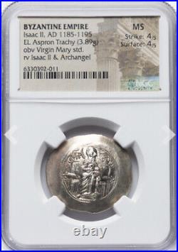 NGC MS Byzantine Isaac II Gold EL Aspron Trachy Coin 1185-1195 AD Virgin Angel
