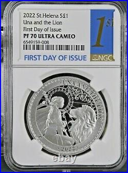 NGC PF70 2022 Saint Helena Una and The Lion 1 oz Silver Proof £1 FDOI First Day