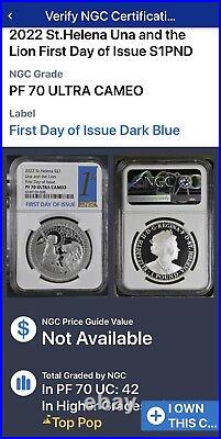 NGC PF70 2022 Saint Helena Una and The Lion 1 oz Silver Proof £1 FDOI First Day
