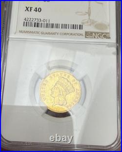 NGC XF40 1874 $3 Indian Princess Gold Coin 41,800 Mintage Rare Piece Pop. 51