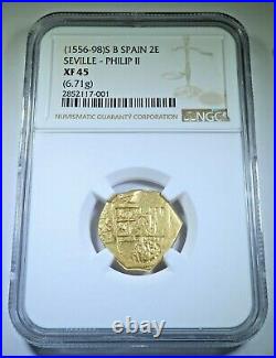 NGC XF-45 1500's Spanish Gold 2 Escudo Doubloon Antique Pirate Treasure Cob Coin