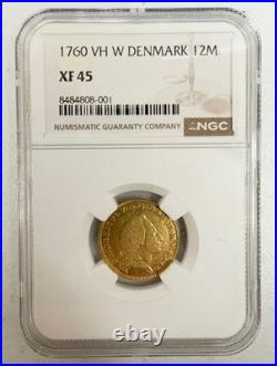 NGC XF 45 1760 VH W Denmark Gold 12M Mark Frederik V