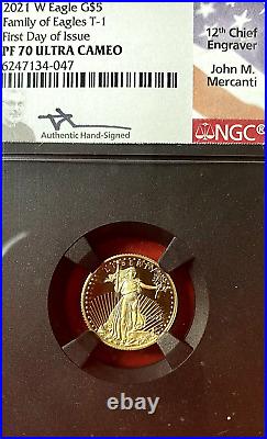 Ngc Pf-70 Fdo Mecanti! 2021-w $5 T-1 Proof Gold Eagle First Day Of Issue