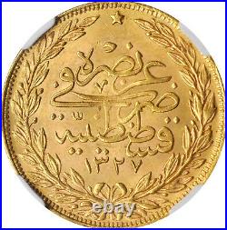 Ottoman Empire 1917. Gold Coin 100 Kurush. AH 1327 Istanbul Mint. NGC MS-64 TOP 1
