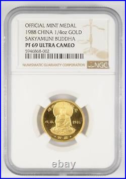 PF69 UCAM 1988 China 1/4 Oz. Gold Sakyamuni Buddha Official Mint Medal NGC 3010