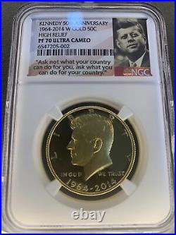 PR70 2014 W 50c Kennedy UCAM High Relief 3/4 ToZ Gold NGC PF70 ULTRA CAMEO MS70