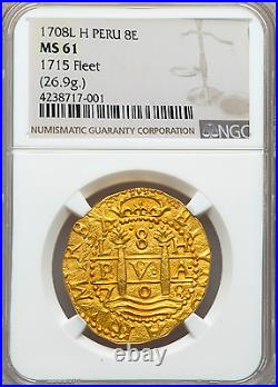 Peru 1708 8 Escudos Ngc 61 1715 Fleet Gold Shipwreck Cob Doubloon Treasure Coin