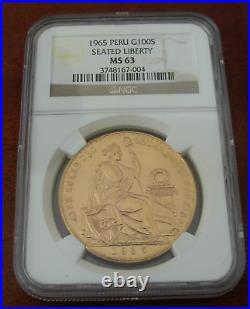 Peru 1965 Gold 100 Soles NGC MS63 Seated Liberty