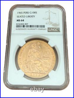 Peru 1965 Gold 100 Soles NGC MS64 Seated Liberty
