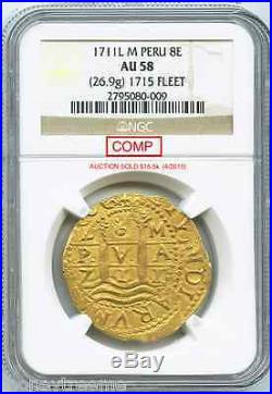 Peru Gold Coin 1711 Cob 8 Escudos Ngc 55 Sunken Treasure Plate Fleet Doubloon