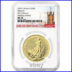 Presale 2023 U. K. 100 Pound 1 oz Gold Britannia NGC MS70 FDI Great Britain Lab