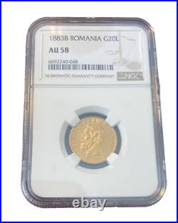 Romania 1883B Gold 20 Lei NGC AU58 Carol I