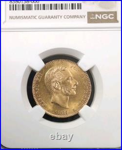 SPAIN, GOLD 25 PESETAS 1881 (81) MSM WITHOUT BEARD NGC MS 64 Error 4519