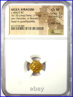 Sicily Syracuse Gold AV 20 Litrai Tetradrachm Dionysius Coin 406 BC NGC Ch VF Sicily Syracuse Gold AV 20 Litrai Tetradrachm Dionysius Coin 406 BC NGC Ch VF